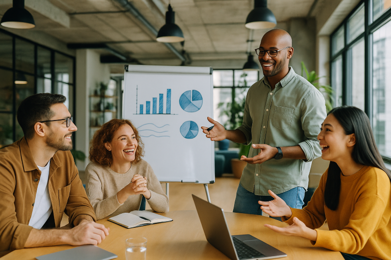 engajamento de equipe​: homem realizando apresentação para sua equipe no escritório